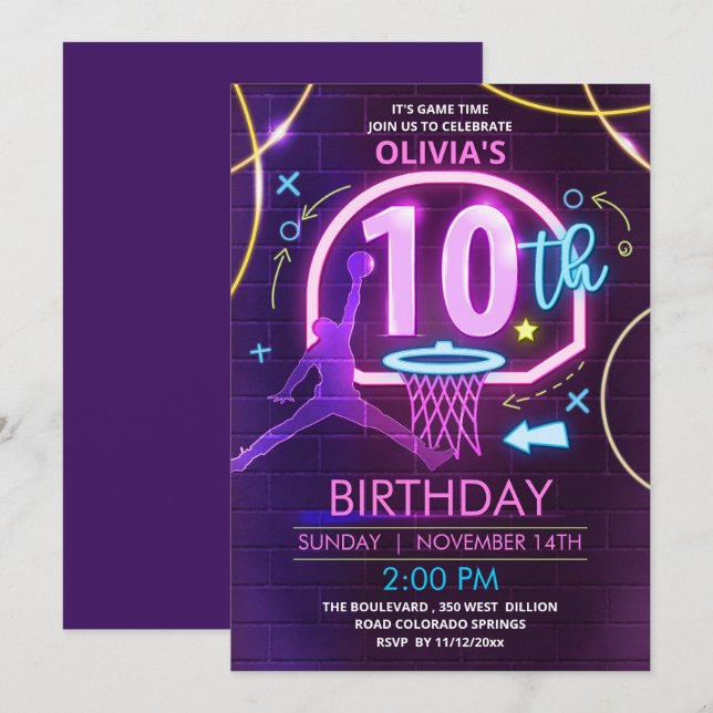 Neon Basketball Einladung zum Geburtstag (Vorne/Hinten)