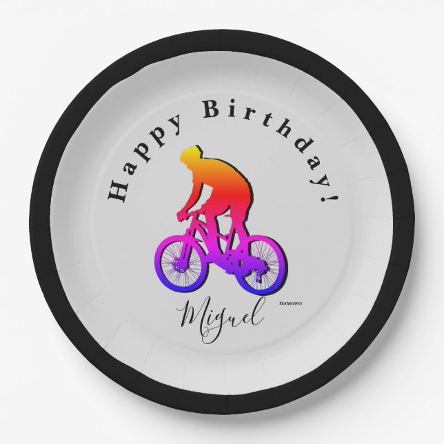 Neon Bicycle Rider Happy Birthday Paper Plate Pappteller (Vorderseite)