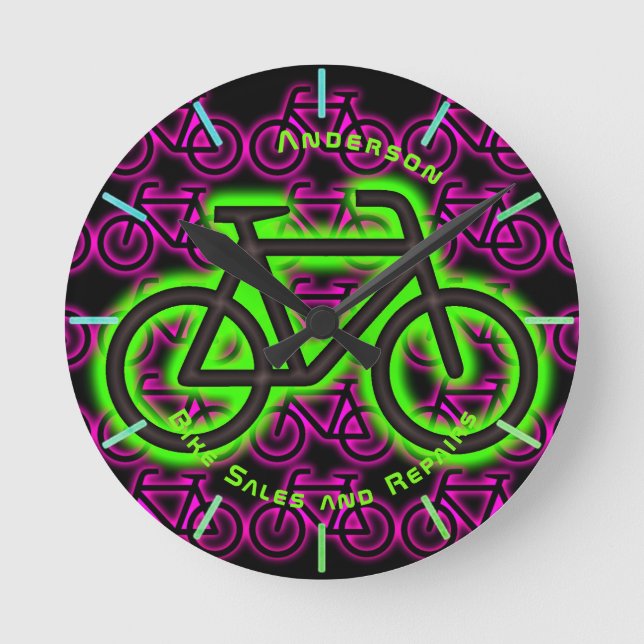 Neon BIKE Shop Reparatur Personalisierte Mauer Runde Wanduhr (Vorderseite)