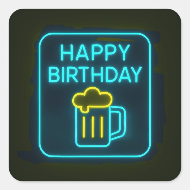 Neon Birthday Beer Tasse auf schwarz Quadratischer Aufkleber (Vorderseite)