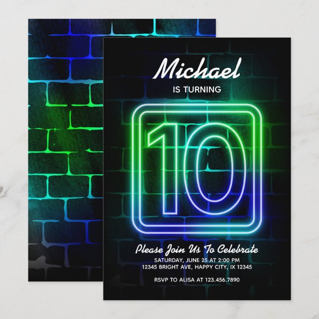 Neon Birthday Einladung für Junge 10. Geburtstag (Vorne/Hinten)