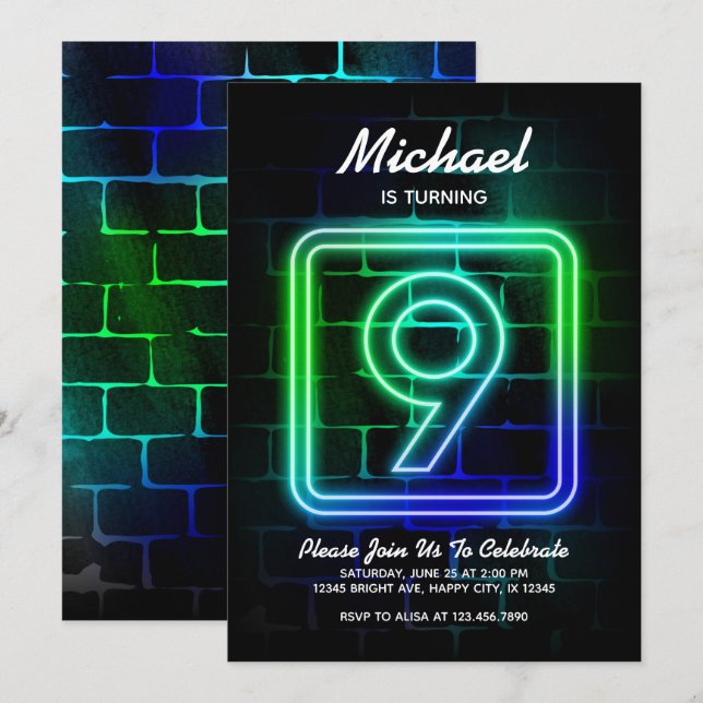 Neon Birthday Einladung für Junge 9. Geburtstag (Vorne/Hinten)