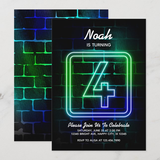 Neon Birthday Einladung Junge 4. Geburtstag (Vorne/Hinten)