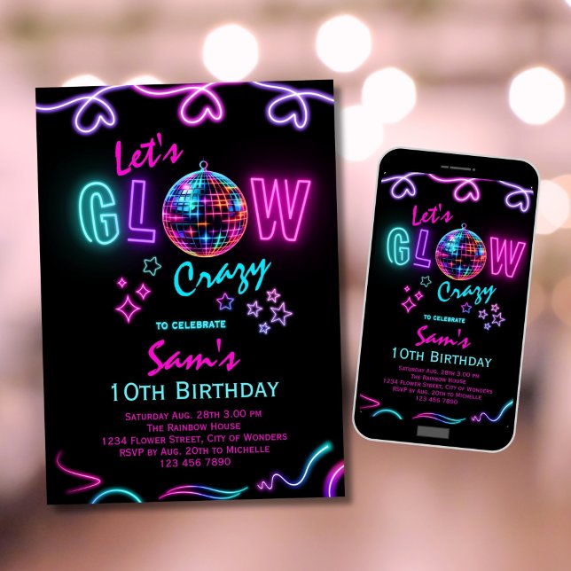 Neon Birthday Invitation Girls Let's Glow Crazy Einladung (Von Creator hochgeladen)
