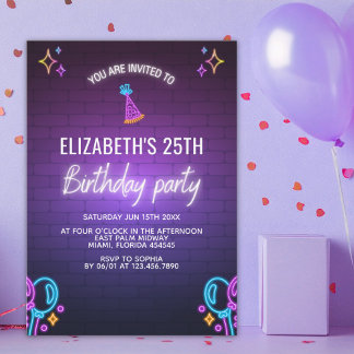 Neon Birthday Party Invitation Brick Wall Style Einladung