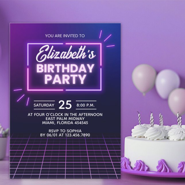 Neon Birthday Party Invitation Modern Glow Frame (Créateur téléchargé)
