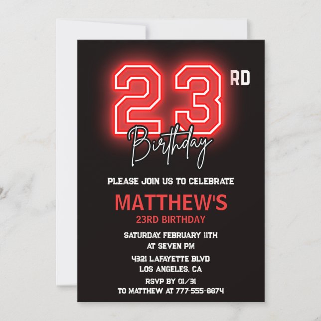 Neon Black 23e anniversaire invitation Hommes anni (Devant)