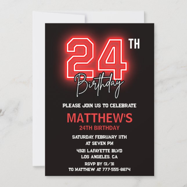 Neon Black 24e anniversaire invitation Hommes anni (Devant)