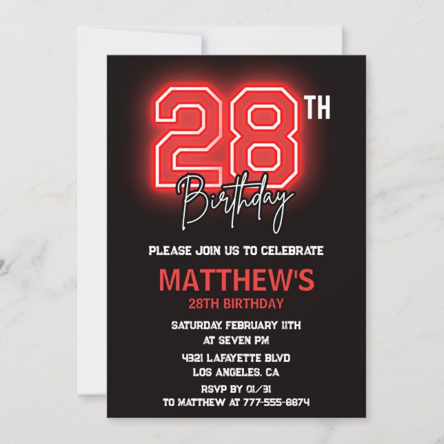 Neon Black 28e anniversaire invitation Hommes anni (Devant)