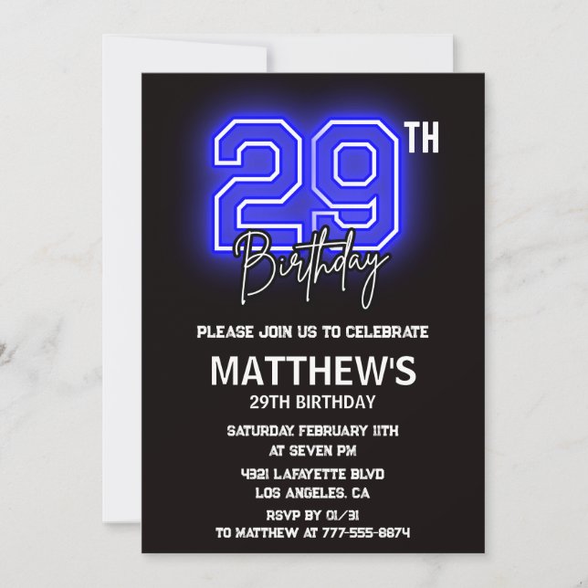 Neon Black 29e anniversaire invitations Hommes Spo (Devant)