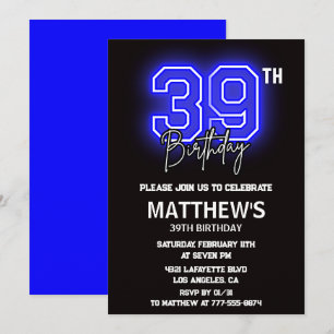 Neon Black 39e anniversaire invitations Hommes Spo