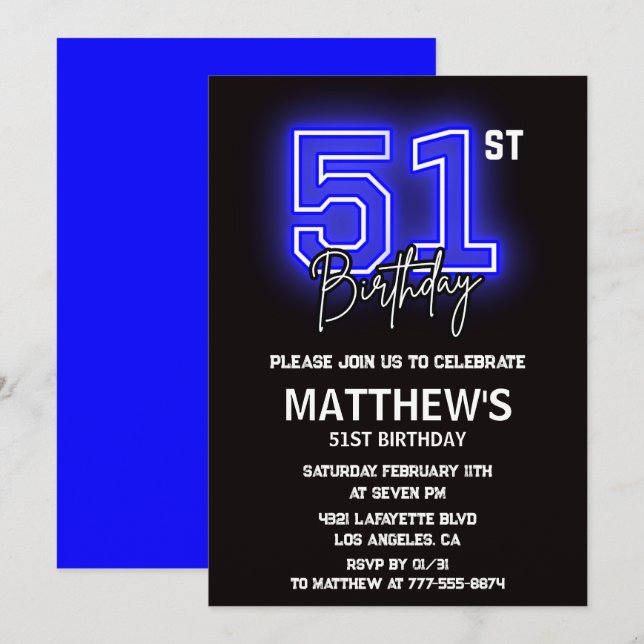 Neon Black 51e anniversaire invitations Hommes Spo (Devant / Derrière)