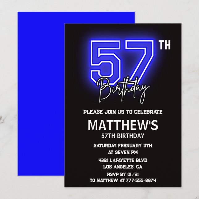Neon Black 57e anniversaire invitations Hommes Spo (Devant / Derrière)