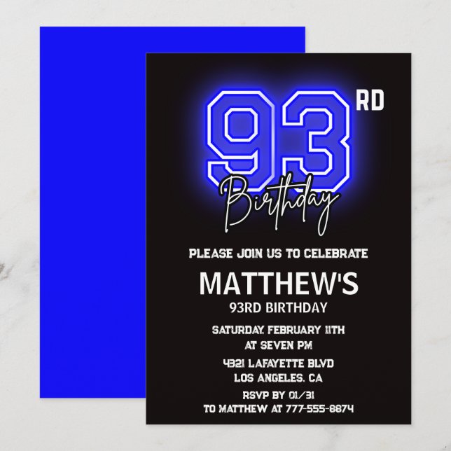 Neon Black 93e anniversaire invitations Hommes Spo (Devant / Derrière)
