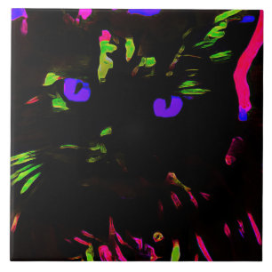 Neon Black Cat mit leuchtenden Augen Fliese