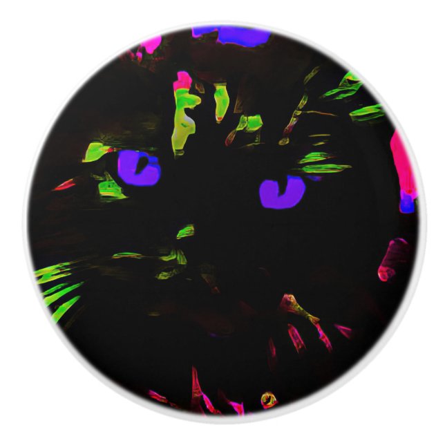 Neon Black Cat mit leuchtenden Augen Keramikknauf (Vorderseite)