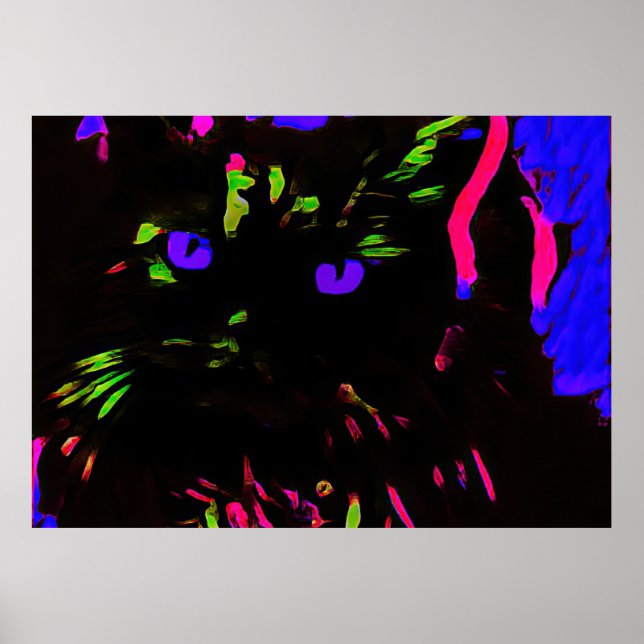 Neon Black Cat mit leuchtenden Augen Poster (Vorne)