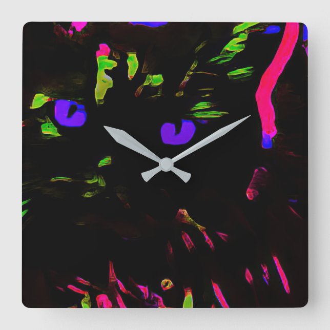 Neon Black Cat mit leuchtenden Augen Quadratische Wanduhr (Vorderseite)