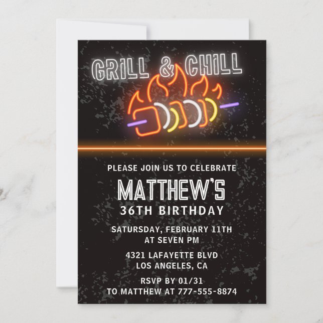 Neon Black Grillen Grill Chill 36. Geburtstag Einladung (Vorderseite)