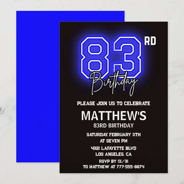 Neon Black Invitations à 83e anniversaire Men Spor (Devant / Derrière)