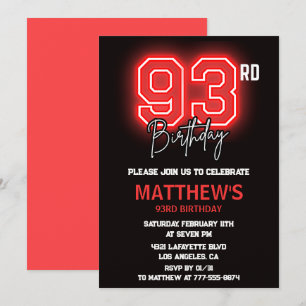 Neon Black Red Men Sport 93. Geburtstag Einladung