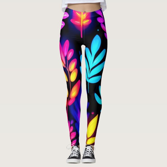 Neon Blätter Abstraktes Muster Leggings (Vorderseite)