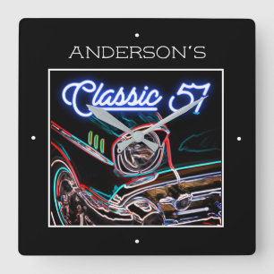 Neon Blau Effekt Chevy Classic 1957 Auto beliebige Quadratische Wanduhr