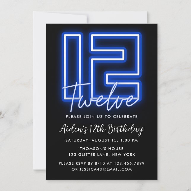 Neon Blue 12e anniversaire Invitation (Devant)