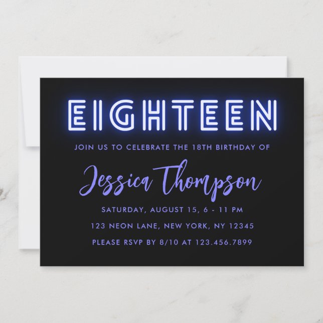 Neon Blue 18e anniversaire Invitation (Devant)