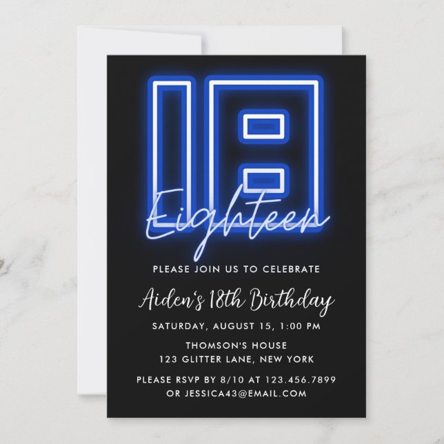 Neon Blue 18e anniversaire Invitation (Devant)