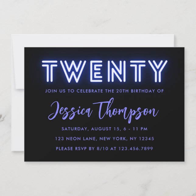 Neon Blue 20th Birthday Invitation (Devant)