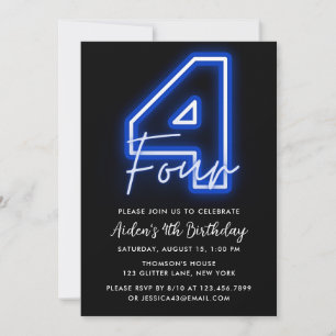 Neon Blue 4th Birthday Invitation