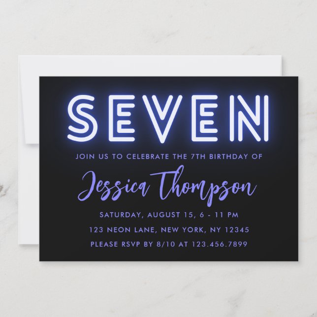 Neon Blue 7th Birthday Invitation (Devant)