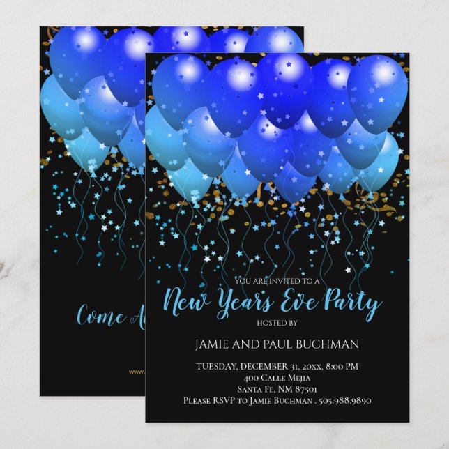 Neon Blue Ballons und Gold Confetti auf schwarz Einladung (Vorne/Hinten)