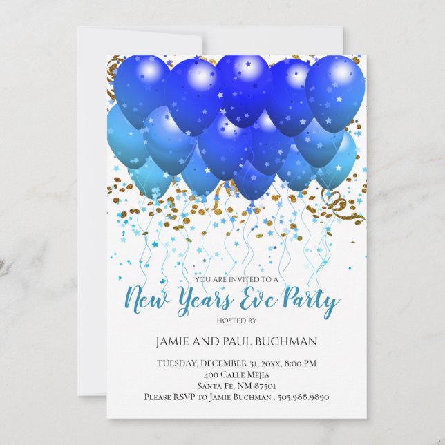 Neon Blue Ballons und Gold Confetti auf Weiß Einladung (Vorderseite)