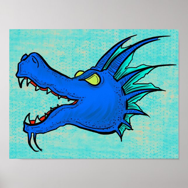 Neon Blue Dragon Art Head Poster (Vorne)