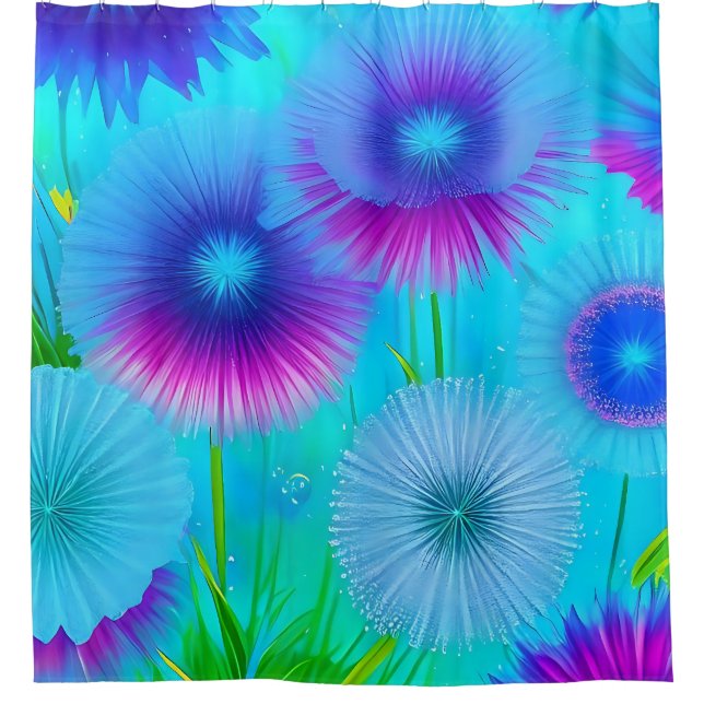 Neon Blue Floral Duschvorhang (Vorderseite)