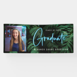 Neon Blue Graduate Tropical Blätter Foto Banner