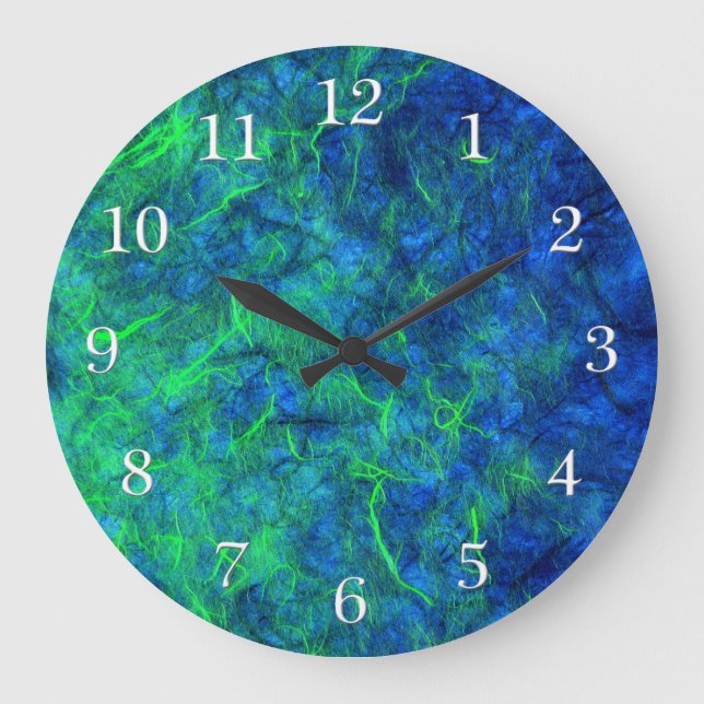 Neon Blue Green Psychedelic Japanisches Reißpapier Große Wanduhr (Vorderseite)
