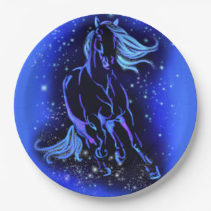 Neon Blue Horning bei Mondlicht Starry Night Pappteller