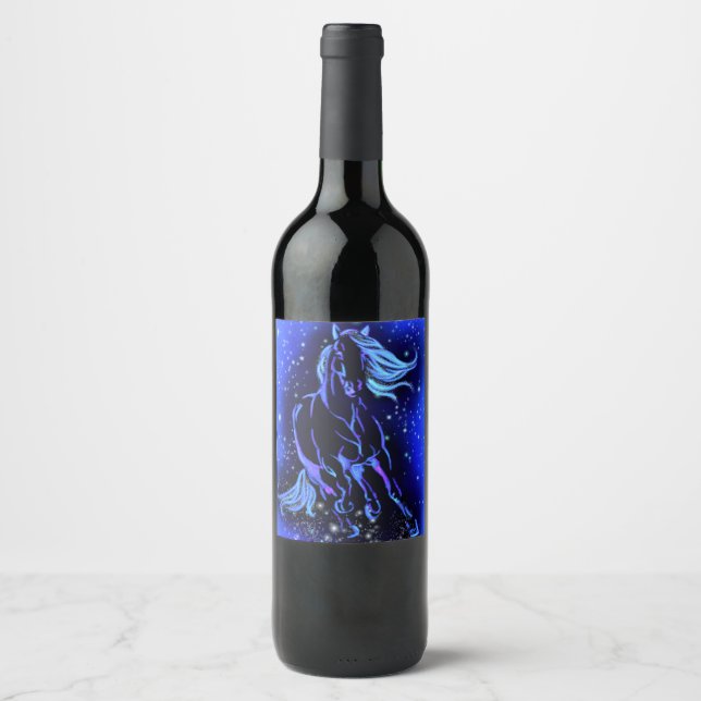 Neon Blue Horning bei Mondlicht Starry Night Weinetikett (Vorderseite)
