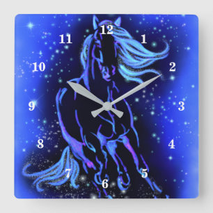 Neon Blue Horse Running At Moonlight Starry Night  Quadratische Wanduhr