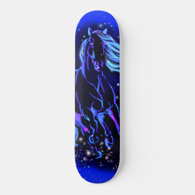 Neon Blue Horse Running In Moonlight Starry Night  Skateboard (Vorderseite)