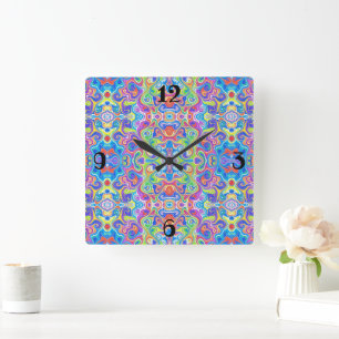 Neon Blue, Limon, Lila & Orange Swirbel Muster Quadratische Wanduhr
