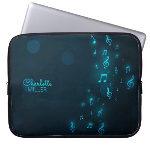 Neon Blue Musiknoten und Individuelle Name Laptopschutzhülle