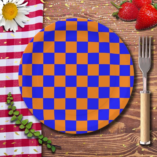 Neon Blue Orange Checkered Checkerboard Vintag Pappteller (Von Creator hochgeladen)