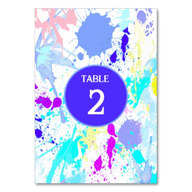 Neon Blue Pink Türkis Lila Paint Spritzer, Tischnummer (Vorderseite)