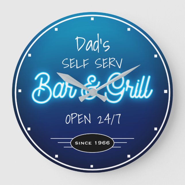 Neon Blue Script Vaters oder Bar Grill für beliebi Große Wanduhr (Vorderseite)