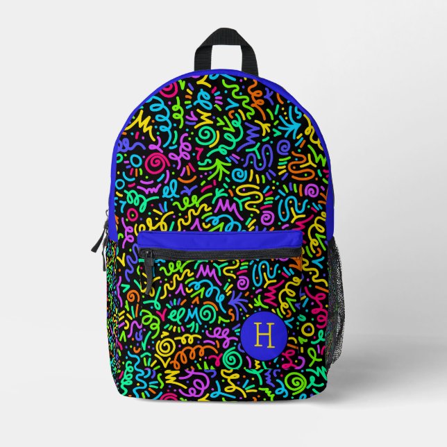 Neon Blue Squigggle Monogram Bedruckter Rucksack (Vorderseite)