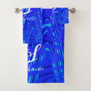 Neon Blue Wave Abstrakt Monogram Initials Nautical Badhandtuch Set
